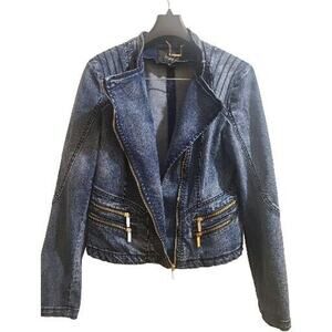 Women's Denim Asymmetrical Jean Moto Biker Style Jacket Asymmetrical Zip Blue XS